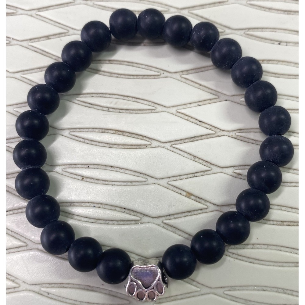 Unisex Black Onyx‎ 5/16" Beaded Stretchy Bracelet W/silver Dog Paw 2 1/2" Wide